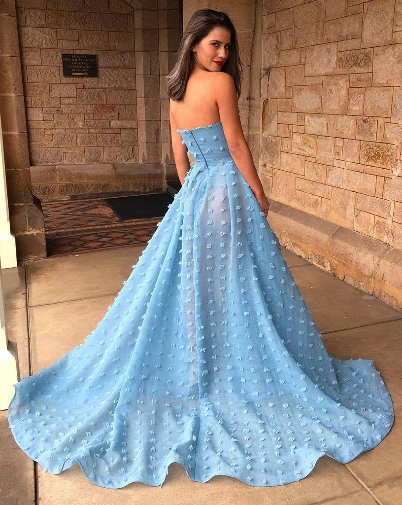 Sexy A line See Through Strapless Slit Backless Blue Prom Dresses with Appliques SJS15593