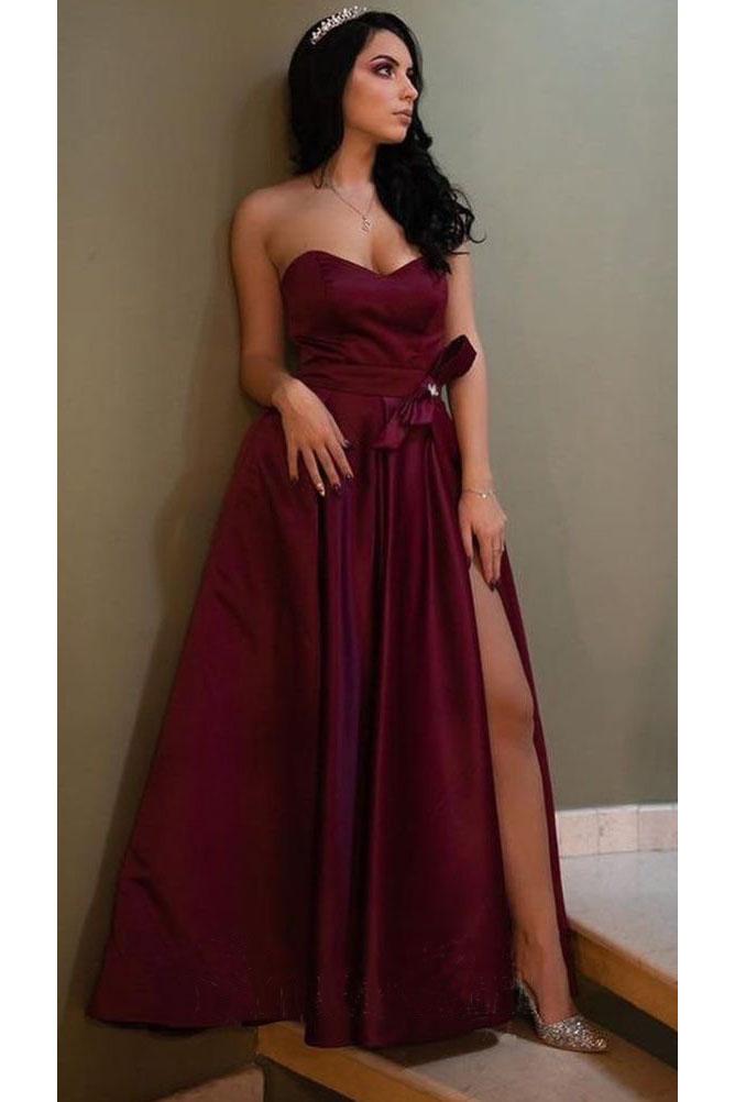 Unique A Line Burgundy Sweetheart Satin Strapless Prom Dresses, Evening SJS15676