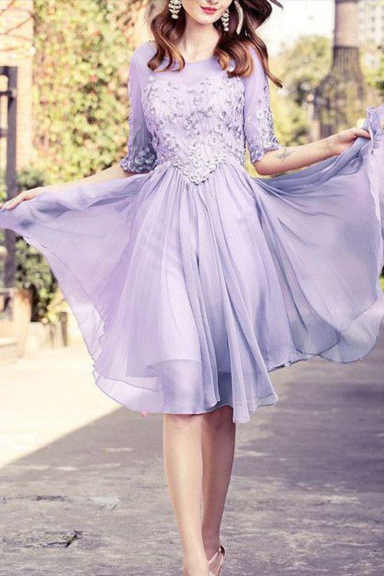 A Line Scoop Mid-Length Sleeves Homecoming Dresses Chiffon Knee Length