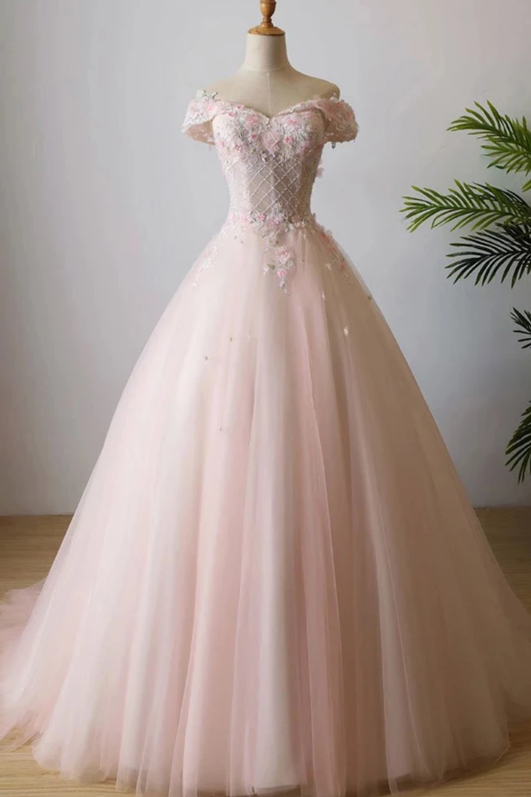 Stunning Off The Shoulder Ball Gown Quinceanera Dresses Tulle 3D Flowers Prom Dresses