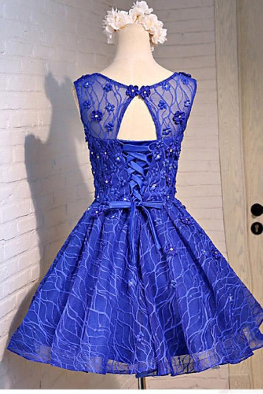 Blue Knee Length Homecoming Dresses with Beads Straps Short Prom Dresses