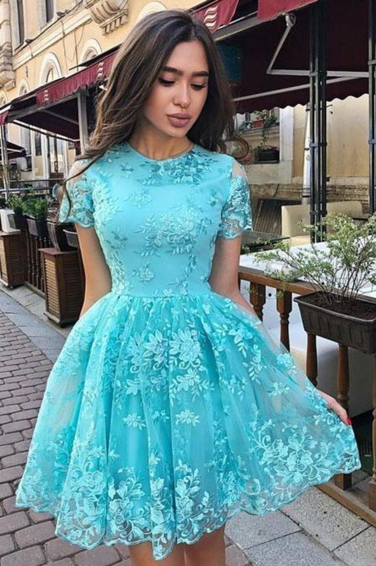 A-Line Short Sleeves Short Homecoming Dress With Lace Appliques