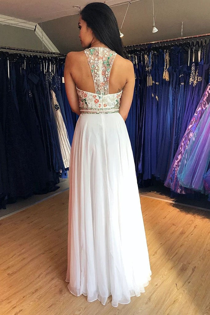 Unique A Line Colorful Beads Chiffon White Formal Dresses, Prom Evening Dresses SJS15539