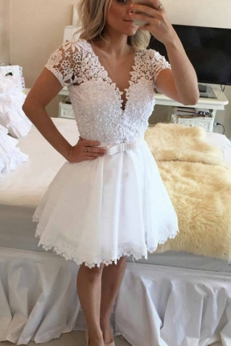 Chiffon V Neck Short Sleeves With Applique A Line Homecoming Dresses