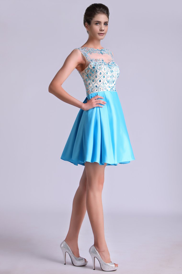 Bateau A Line Homecoming Dresses Satin With Beads Mini