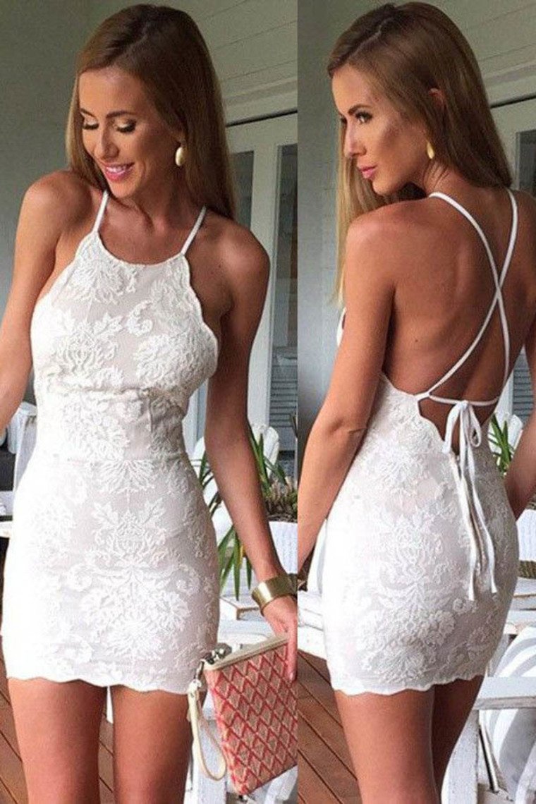 Cocktail Dresses Sheath Spaghetti Straps Lace Open Back Short/Mini