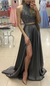 Two Pieces Beaded Gray Front Split Long Modest Prom Dresses Sparkly Prom Dresses JS675