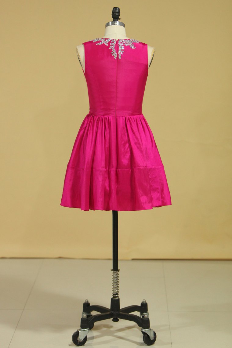 2024 Scoop A Line Short Homecoming Dresses Taffeta Beaded With Ribbon Fuchsia