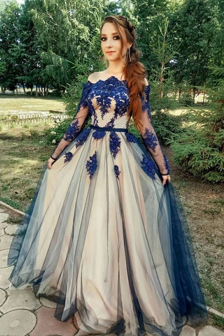 Unique Long Sleeve Off the Shoulder Tulle Long Prom Dresses, Appliques Blue Party Dresses SJS15459