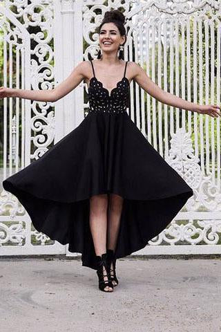 A Line Black V neck Short High Low Spaghetti Straps Prom Dresses Homecoming Dress JS692