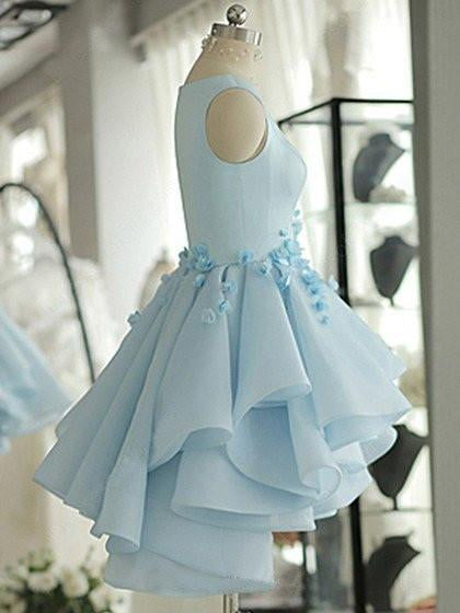 Sky Blue A-line Scoop Neck Satin Tulle Short Flowers Original Mini Dress Homecoming Dress