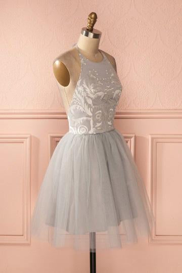 Cheap Sleeve Silver Halter Short A-line Princess Pleated Backless Homecoming Dresses JS789