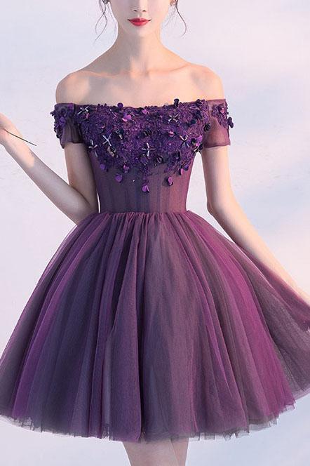 Cute A line Dark Purple Off-shoulder Short Sexy Appliqued Homecoming Dress with Beads JS173