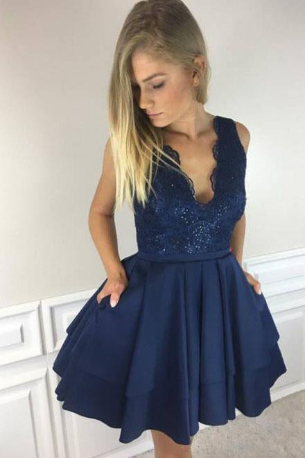 A-Line V Neck Short Navy Blue Satin Homecoming Dresses with Lace Sequins Pockets JS709