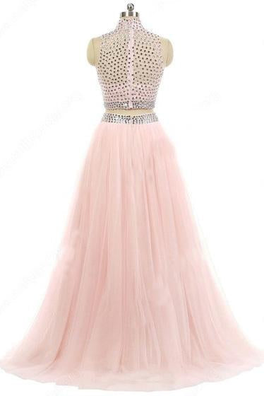 High Neck Pink Tulle Sweep Train Beading Two Pieces Long Prom Dresses JS82