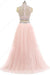 High Neck Pink Tulle Sweep Train Beading Two Pieces Long Prom Dresses JS82