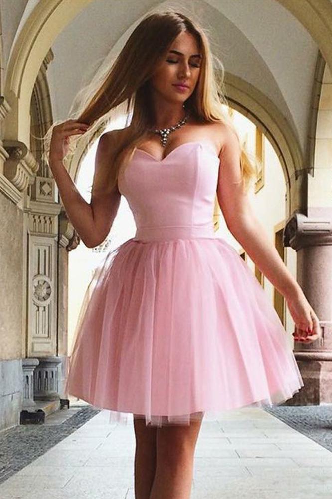 Cute A Line Sweetheart Strapless Tulle Pink Short Prom Dresses Homecoming Dresses JS920