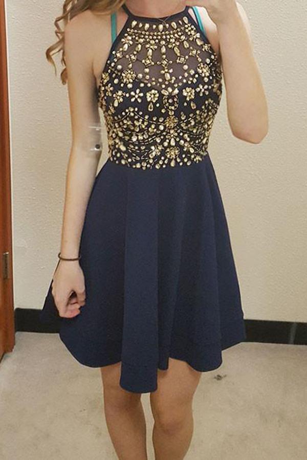 Unique Round Neck Rhinestones Short Dark Blue Chiffon Homecoming Dresses JS806