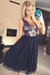 Cute A Line V Neck Open Back Tulle Navy Lace Chiffon Tea Length Short Homecoming Dresses JS988