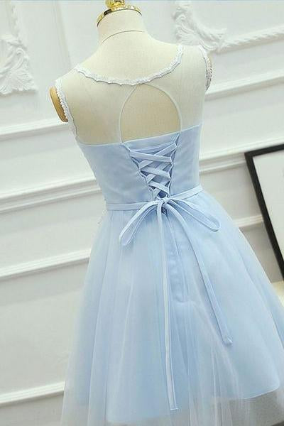 A-Line Appliques Light Sky Blue Cheap Short Tulle Homecoming Dress for Teens JS133