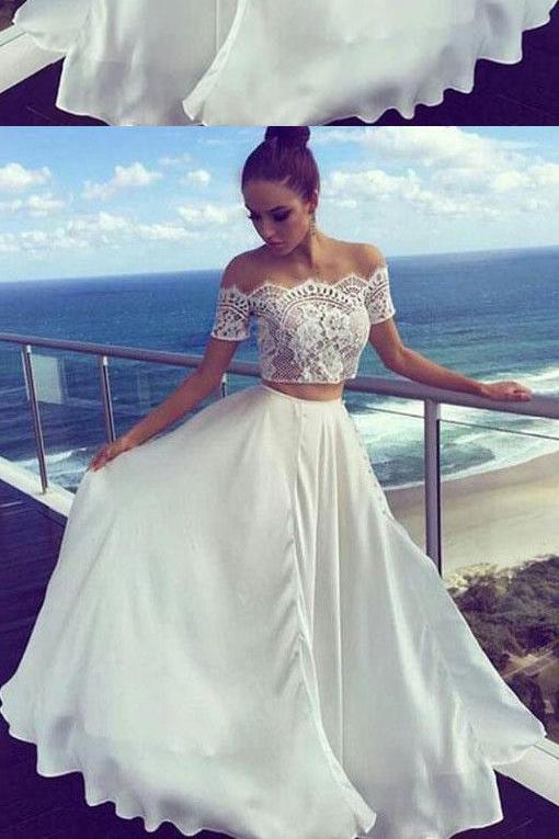 Two Pieces Off-the-Shoulder Ivory Short Sleeve A-Line Long Cheap Prom Dresses JS526