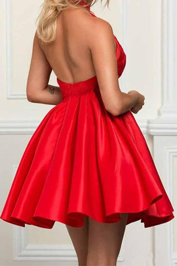 Cute A Line Round Neck Open Back Satin Red Short Homecoming Dresses with Lace JS948