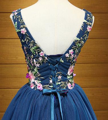 Cute A Line Navy Blue V Neck Short Prom Dresses Flower Lace up Homecoming Dresses JS957