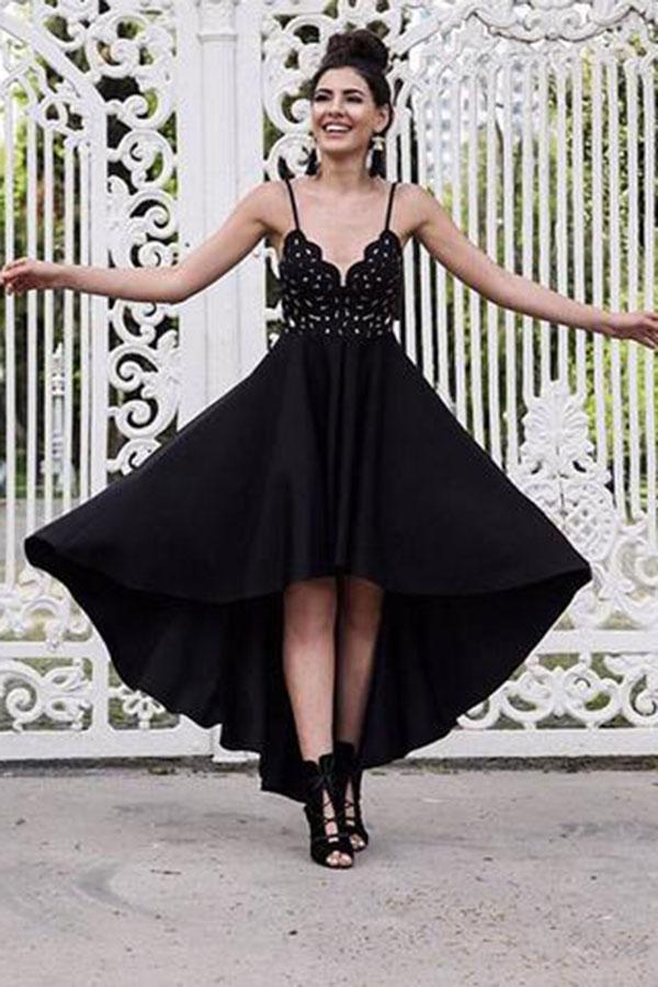 A Line Black V neck Short High Low Spaghetti Straps Prom Dresses Homecoming Dress JS692