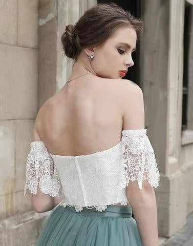 White Lace Tulle Two Pieces Off Shoulder Short Sleeve Short Prom Dress Homecoming Dress JS454