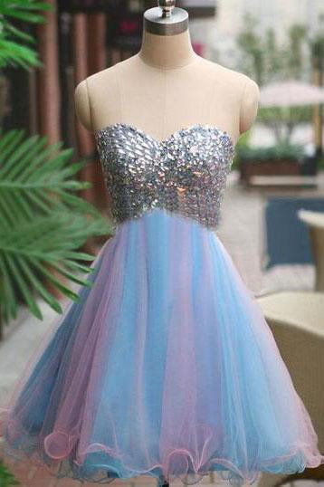 Strapless Cute Tulle Short Sweetheart Beading Blue Rhinestone Homecoming Dresses JS190