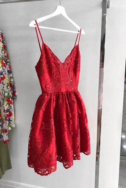 A Line Red V Neck Lace Appliques Spaghetti Straps Beads Short Homecoming Dresses JS813