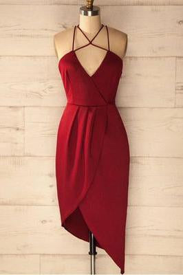 A Line Spaghetti Straps V Neck Simple Cheap Red Short Homecoming Dresses JS18