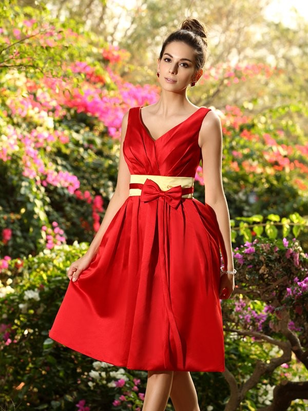 A-Line/Princess V-neck Pleats Sash/Ribbon/Belt Sleeveless Short Satin Bridesmaid Dresses HEP0005718