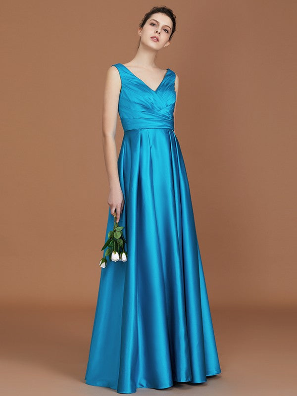 A-Line/Princess V-neck Sleeveless Floor-Length Ruffles Satin Bridesmaid Dress HEP0005646