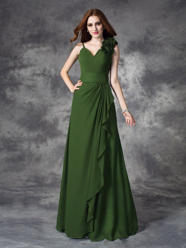 A-line/Princess V-neck Hand-Made Flower Sleeveless Long Chiffon Bridesmaid Dresses HEP0005771