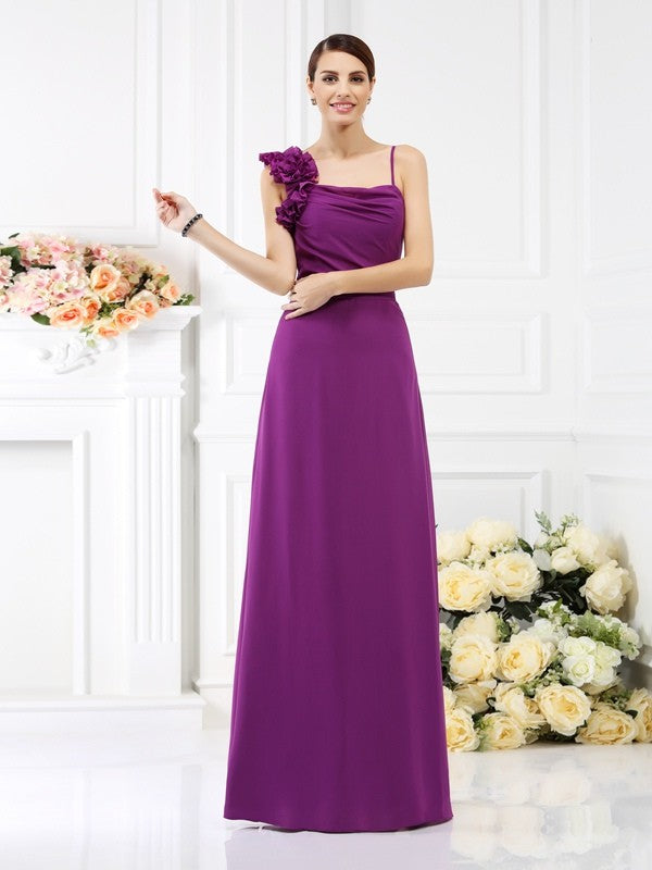 Sheath/Column Spaghetti Straps Hand-Made Flower Sleeveless Long Chiffon Bridesmaid Dresses HEP0005774