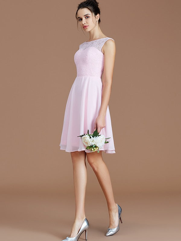 A-Line/Princess Bateau Sleeveless Lace Short/Mini Chiffon Bridesmaid Dresses HEP0005679