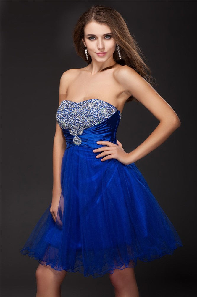 A-Line/Princess Strapless Beading Sleeveless Short Net Elastic Woven Dresses Cocktail Satin Naima Homecoming Dresses