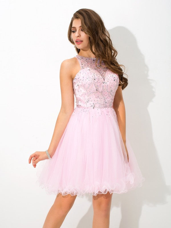 A-Line/Princess Sheer Homecoming Dresses Elyse Cocktail Neck Beading Sleeveless Short Net Dresses