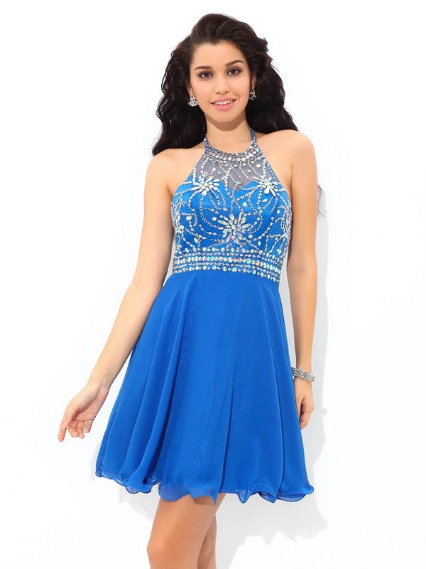 A-Line/Princess Halter Sleeveless Beading Short Dresses Chiffon Cocktail Homecoming Dresses Nora