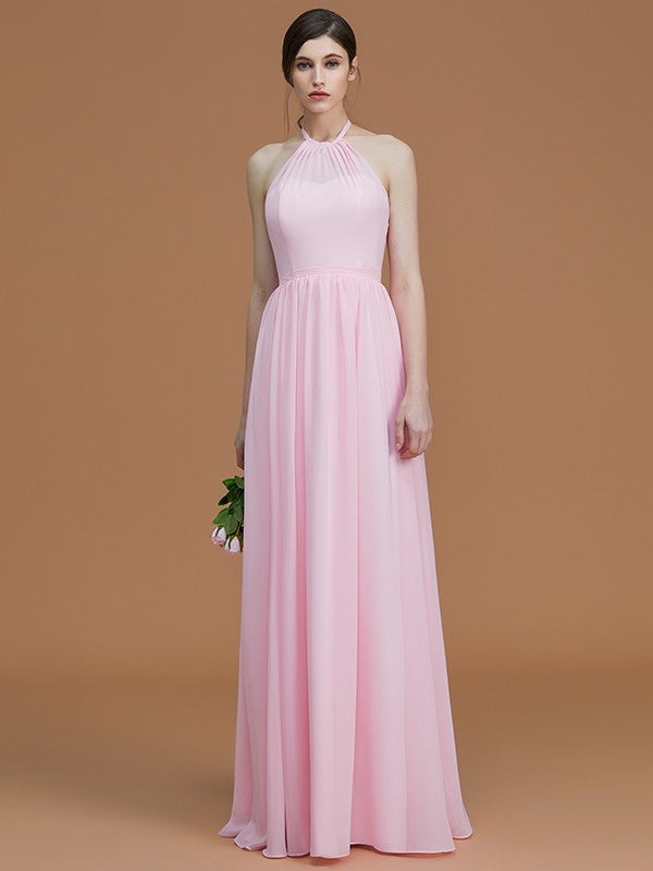 A-Line/Princess Halter Sleeveless Floor-Length Ruched Chiffon Bridesmaid Dresses HEP0005663