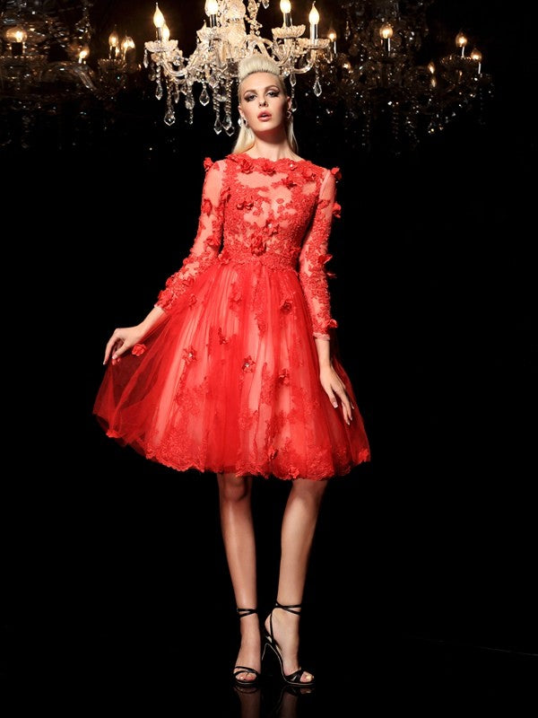 A-Line/Princess Sheer Neck Applique 3/4 Sleeves Short Net Dresses Jill Cocktail Homecoming Dresses