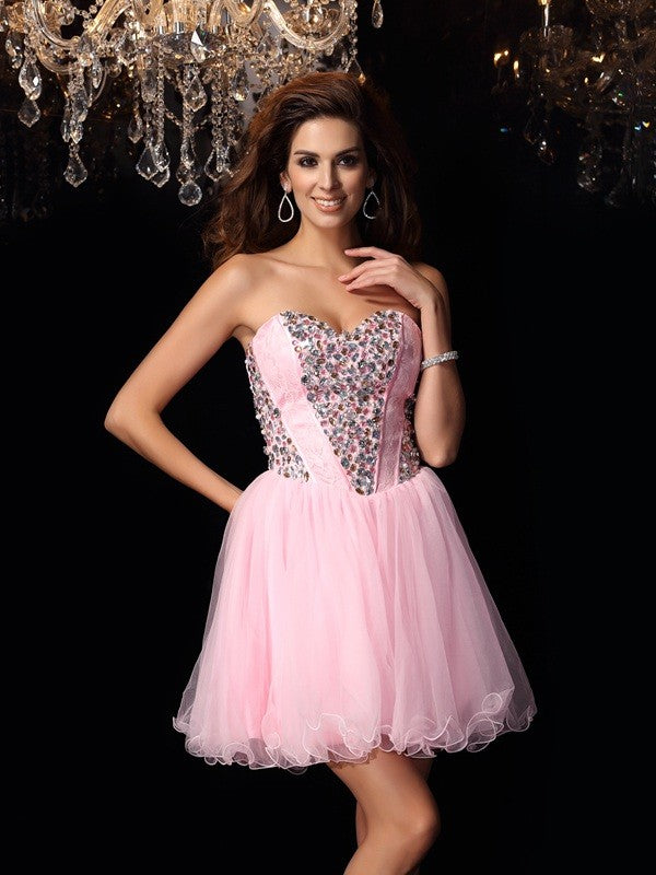 A-Line/Princess Sweetheart Ruffles Sleeveless Short Elastic Woven Dresses Cocktail Satin Homecoming Dresses Prudence