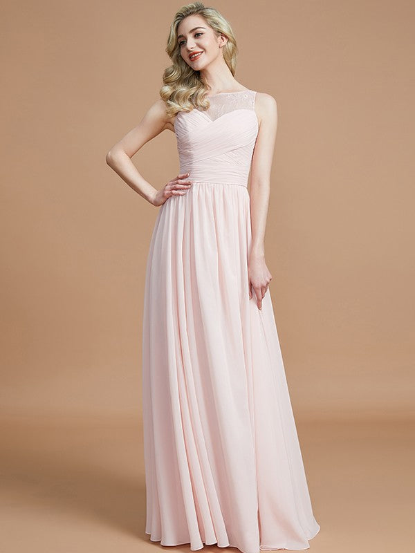 A-Line/Princess Bateau Sleeveless Ruched Floor-Length Chiffon Bridesmaid Dresses HEP0005673