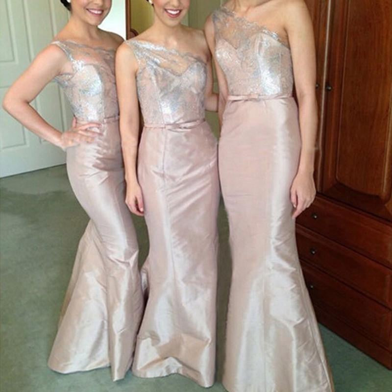 Trumpet/Mermaid One-Shoulder Sleeveless Satin Floor-Length Bridesmaid Dresses HEP0005729