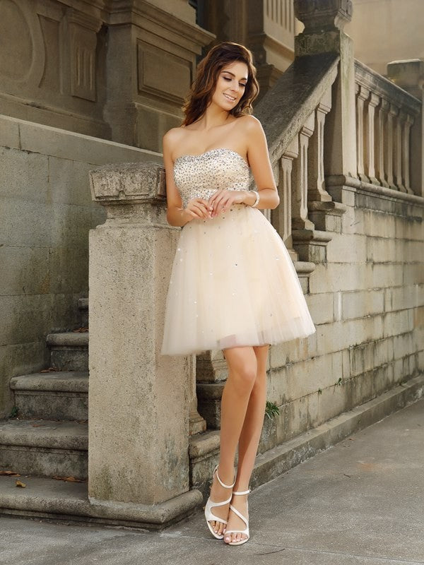 A-Line/Princess Cocktail Kennedi Satin Homecoming Dresses Strapless Beading Sleeveless Short Dresses