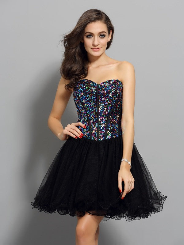 A-Line/Princess Krista Homecoming Dresses Cocktail Sweetheart Ruffles Sleeveless Short Net Dresses