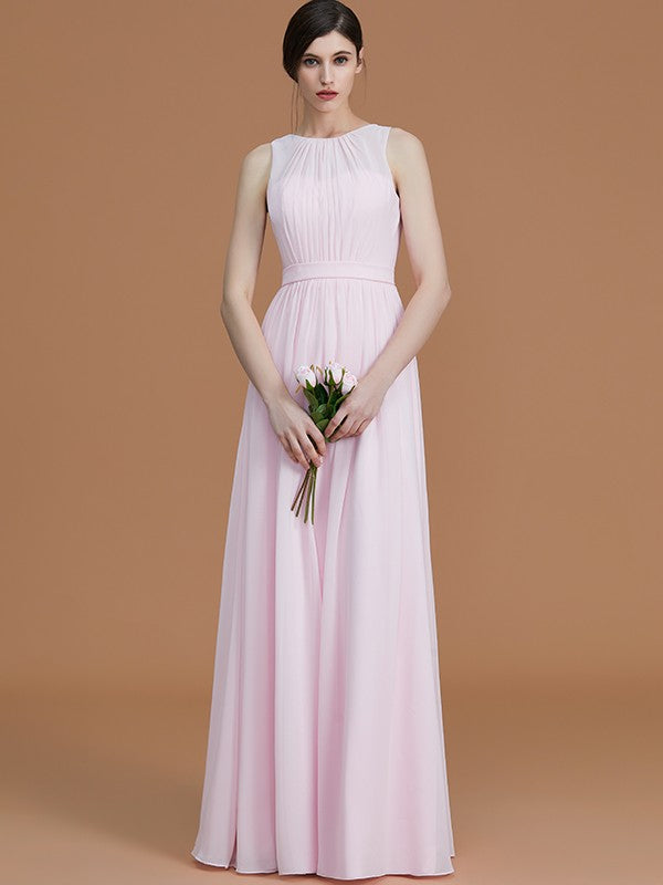 A-Line/Princess Jewel Sleeveless Floor-Length Ruched Chiffon Bridesmaid Dresses HEP0005645