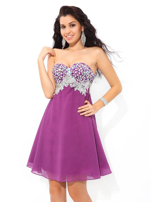 A-Line/Princess Sweetheart Rhinestone Sleeveless Short Chiffon Cocktail Dresses HEP0004123