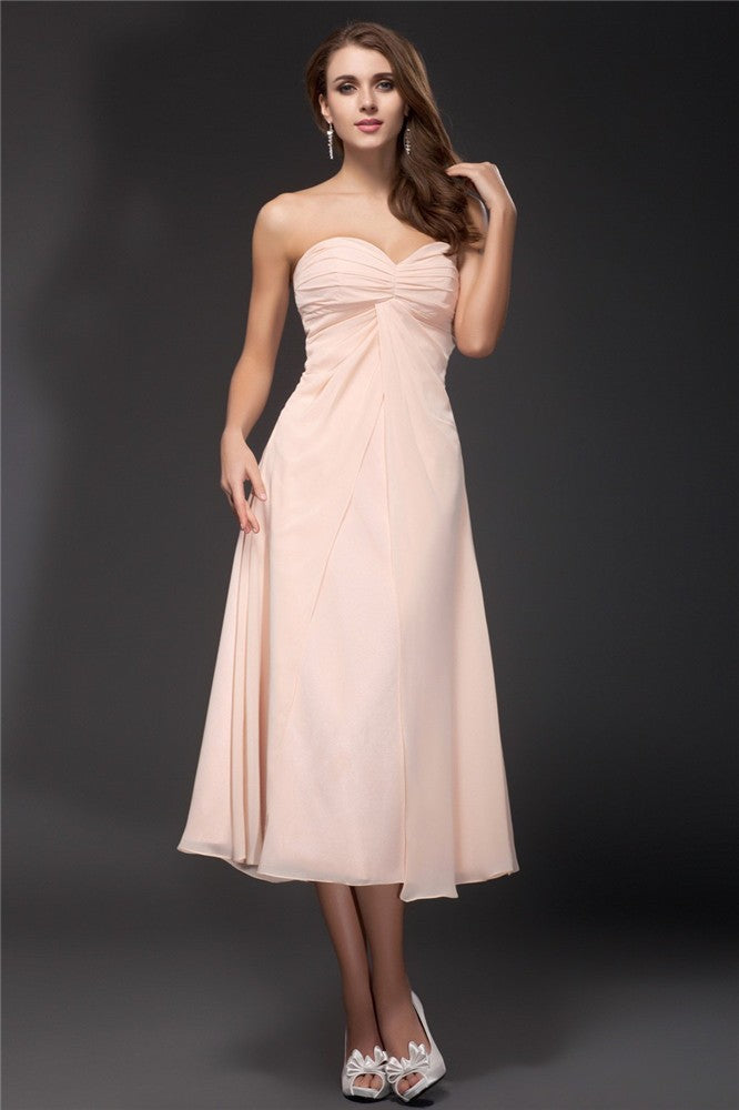 Sheath/Column Sweetheart Ruffles Sleeveless Tea Length Chiffon Bridesmaid Dresses HEP0005620